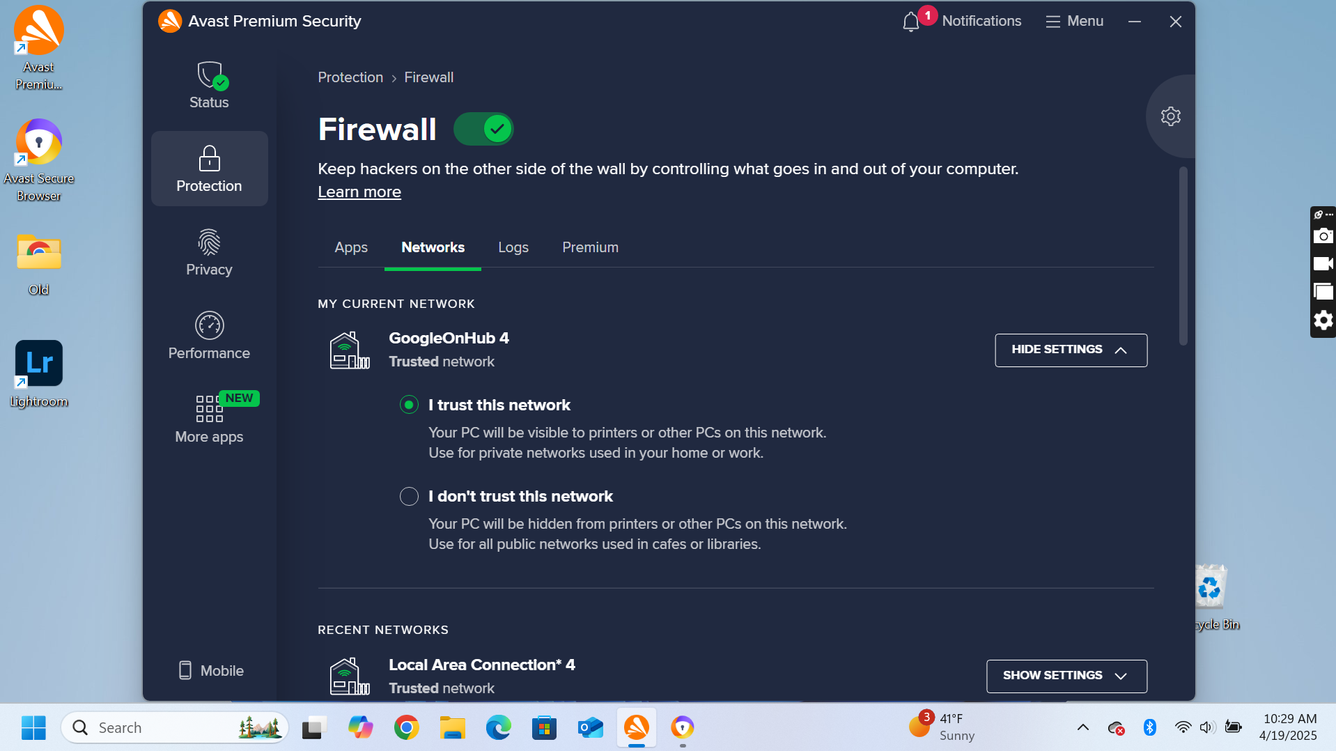 A screenshot of the Avast Premium firewall settings.