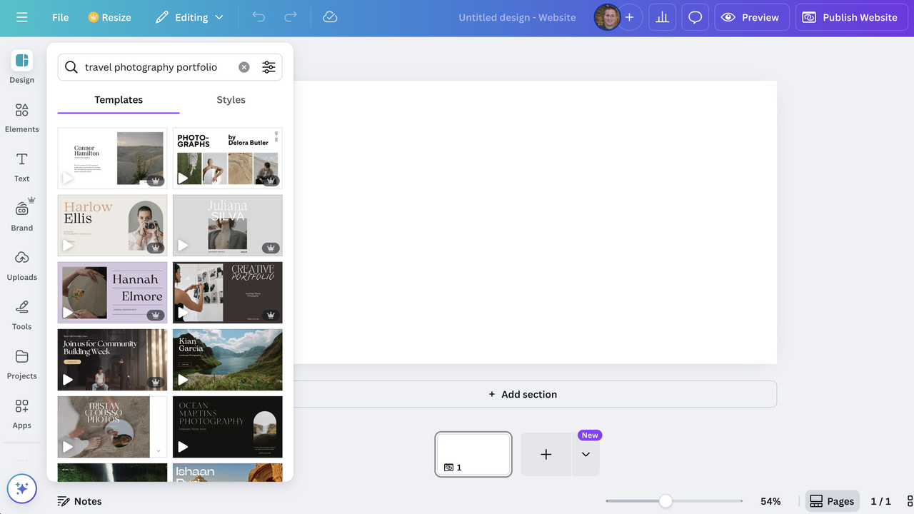 Screengrab showing the process of starting a website in Canva Websites