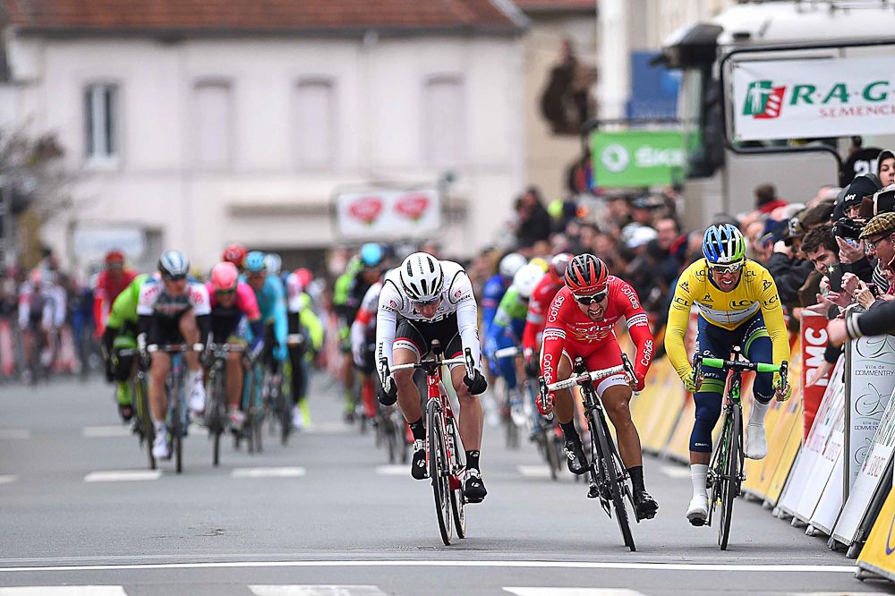 Nacer Bouhanni and Michael Matthews following the contentious stage 2 sprint at Paris-Nice.