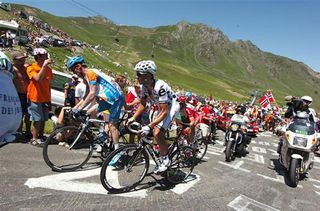 Carlos Sastre (Cervelo) and David Millar (Garmin-Slipstream) make their way to the top of the Tourmalet