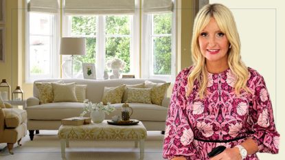Composite image of a butter yellow living room with a cream sofa filled with cushions with a headshot of Lynsey Crombie