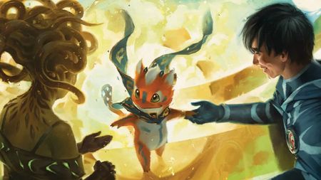 Loot, a small orange creature from MTG Outlaws of Thunder Junction. Jace and Vraska look down at him in frame
