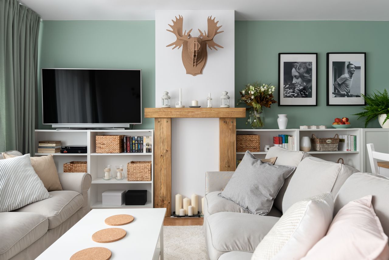 A living room with a faux fireplace