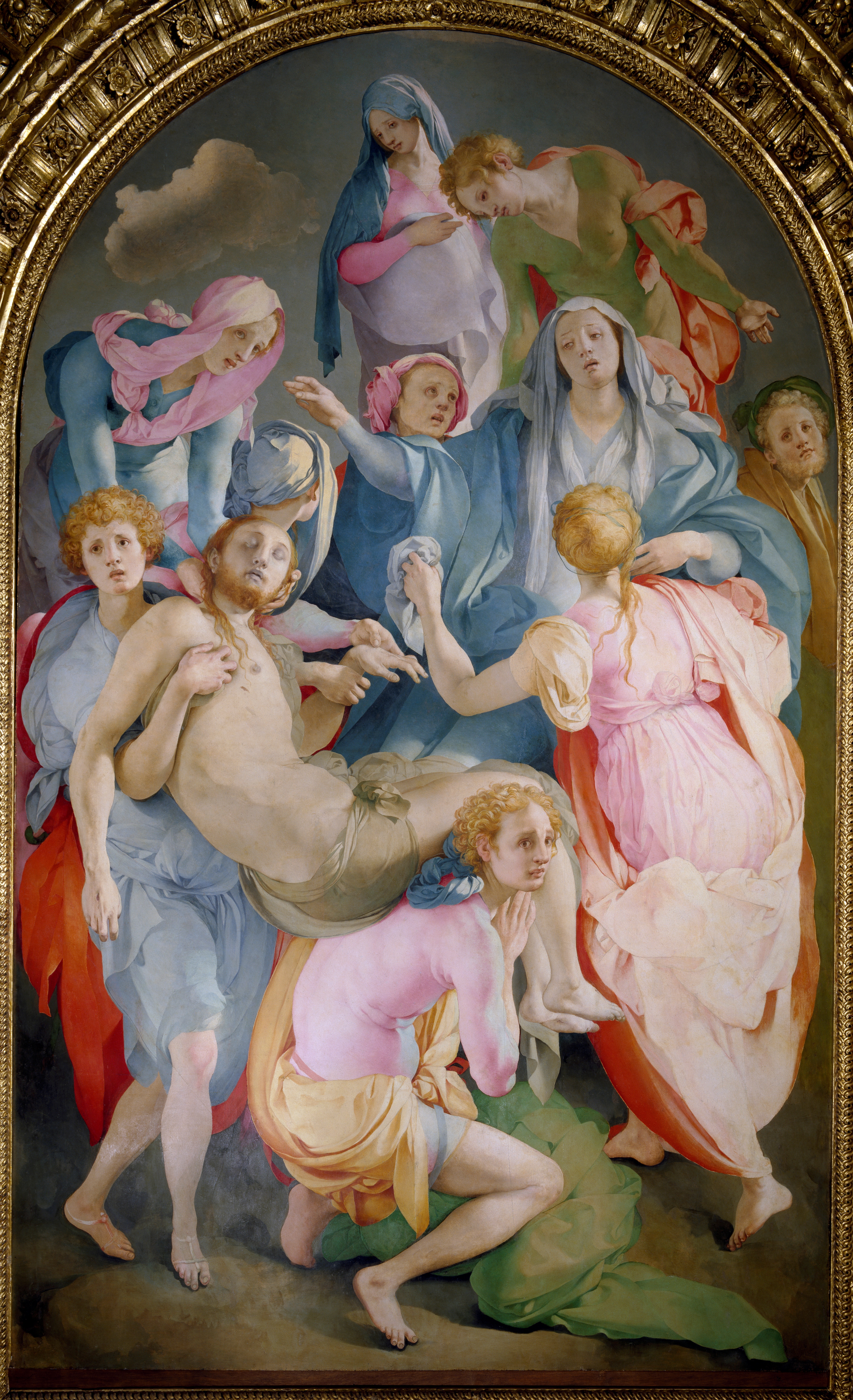 A pastel-shaded fresco depicting a man dressed in nothing but a stretch of fabric wrapped around his pelvis surrounded by multiple women who hold his body while wearing pale blue, pink, and red vests.