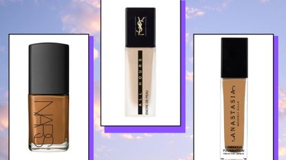 a collage image with some of the best non-comedogenic foundations, including products from NARS, Anastasia Beverly Hills, and YSL