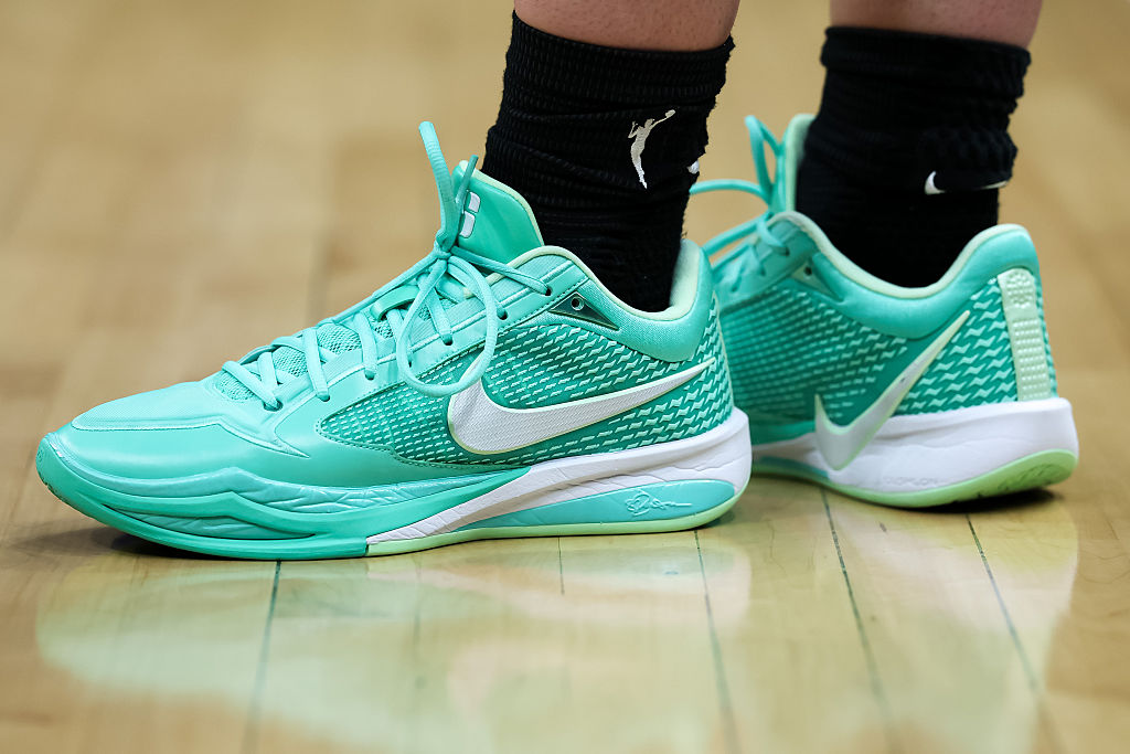 A general view of Nike shoes worn by Sabrina Ionescu #20 of the New York Liberty during the third quarter against the Atlanta Dream at Barclays Center on September 23, 2026 in Brooklyn, New York.