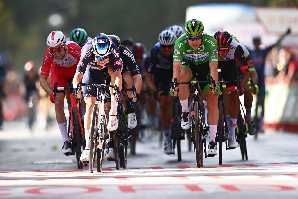 ALBACETE SPAIN AUGUST 18 Piet Allegaert of Belgium and Team Cofidis Jasper Philipsen of Belgium and Team AlpecinFenix Fabio Jakobsen of Netherlands and Team Deceuninck QuickStep Green Points Jersey and Juan Sebastin Molano Benavides of Colombia and UAE Team Emirates sprint at finish line during the 76th Tour of Spain 2021 Stage 5 a 1844km stage from Tarancn to Albacete lavuelta LaVuelta21 on August 18 2021 in Albacete Spain Photo by Stuart FranklinGetty Images