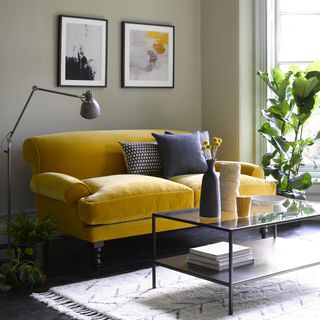living room with yellow sofa in peony cotton matt velvet