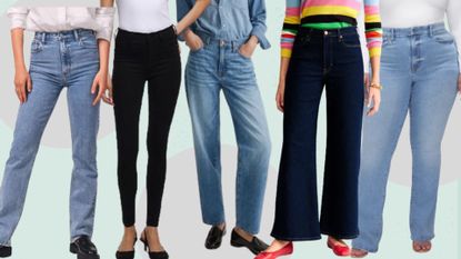 best jeans for women over 50 shown on models:Abercrombie, River island, Madewell, Boden, Good American .jpg