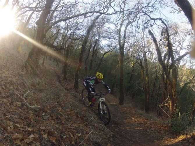 Mary McConneloug training in the wintry woods of NorCal