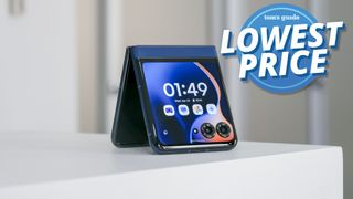 Motorola Razr 2025 folded in half with lowest price badge nearby.