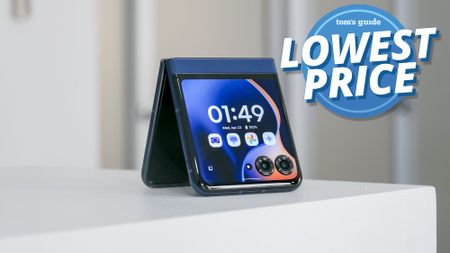 Motorola Razr 2025 folded in half with lowest price badge nearby.