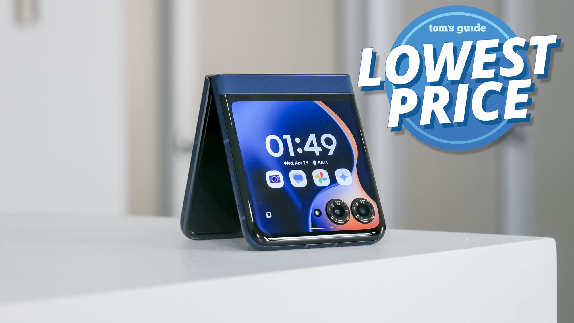 Motorola Razr 2025 folded in half with lowest price badge nearby.