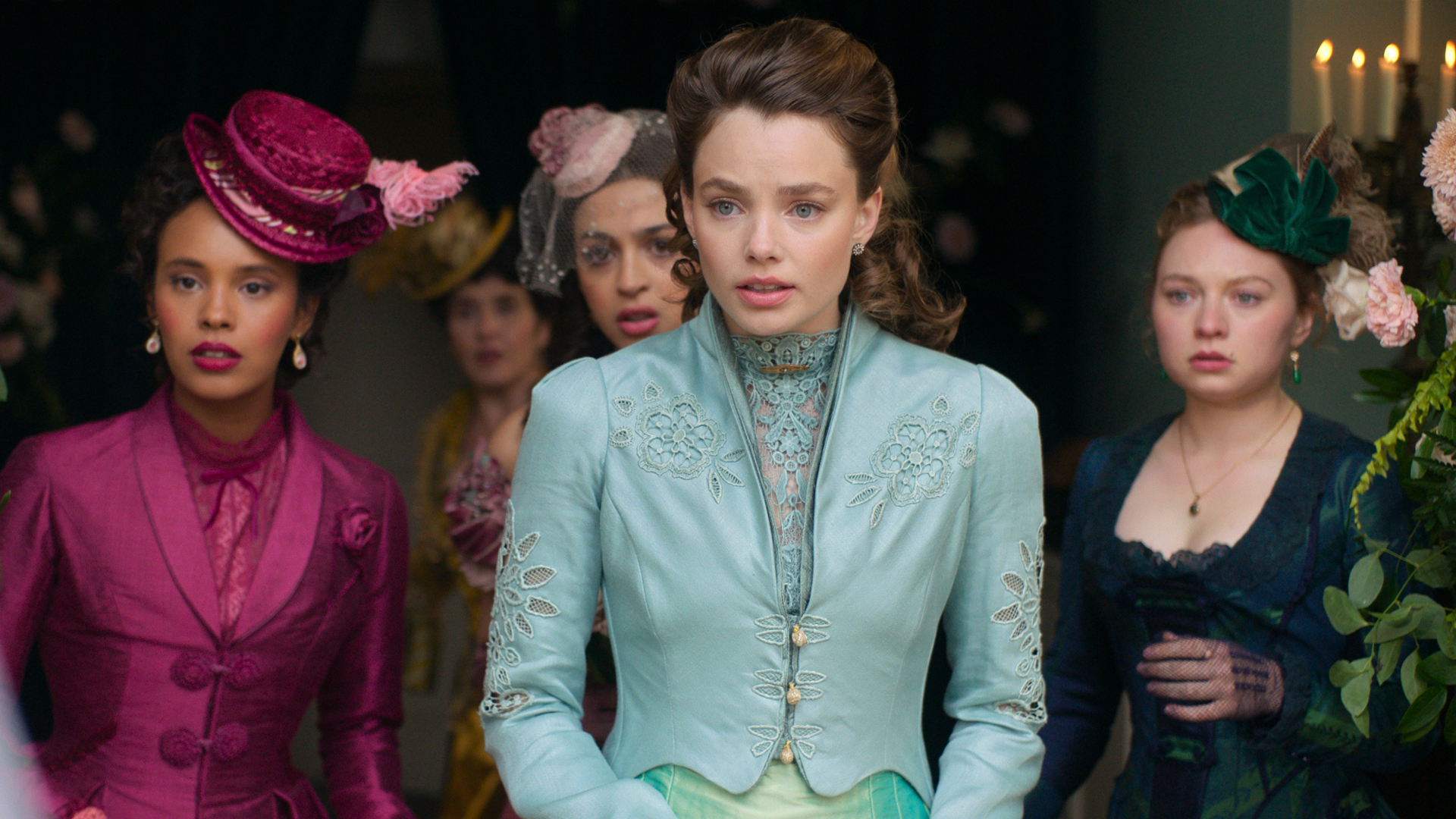 Alisha Boe, Josie Totah, Kristine Frøseth and Mia Threapleton in &quot;The Buccaneers,&quot; now streaming on Apple TV+.