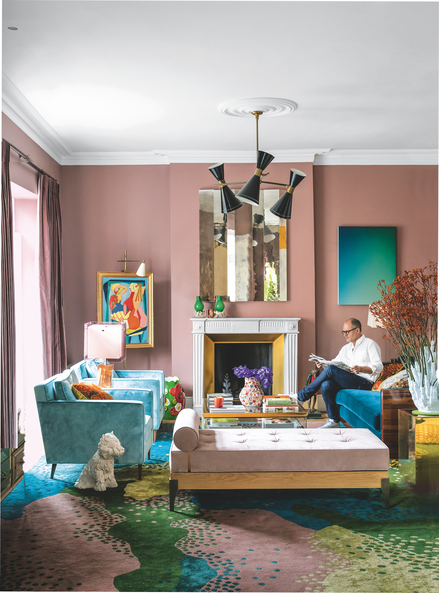 pink living room with pink velvet curtains