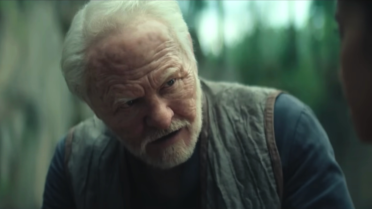An older Jared Harris leans in during a conversation in Foundation S3 E2, 