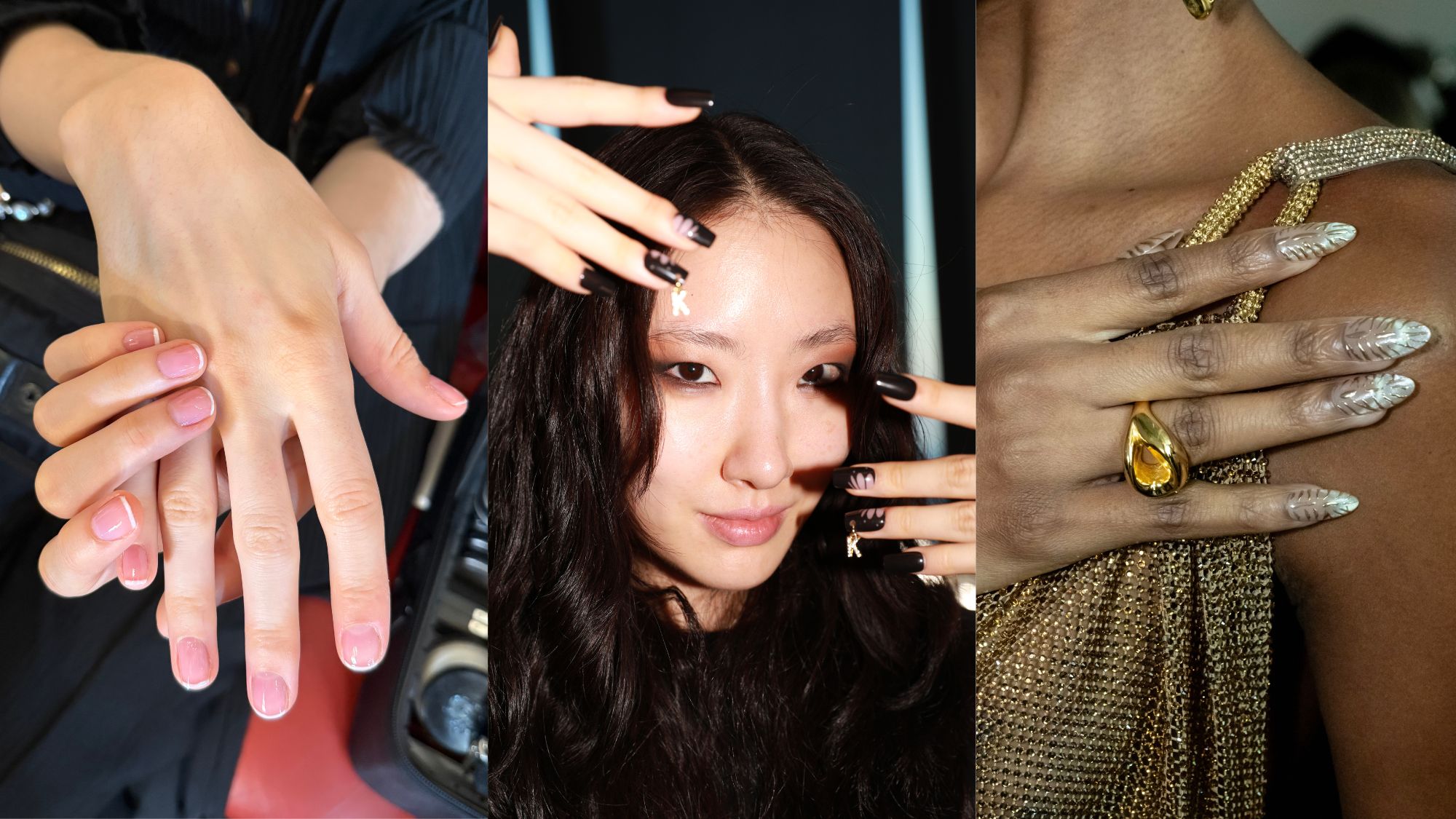 Images of the baby French, nail charms, and zebra chrome nails backstage at Sandy Liang, Kim Shui, and Bronx and Banco spring/summer 2026.