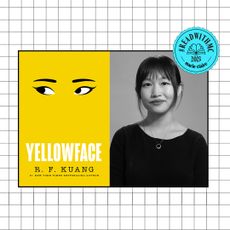 R.F. Kuang and 'Yellowface' book cover on white grid with blue ReadWithMC 2023 Marie Claire stamp 