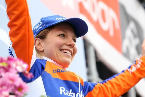 A beaming Sanne van Paassen (Rabobank Women Cycling) after winning the opening round of the World Cup.
