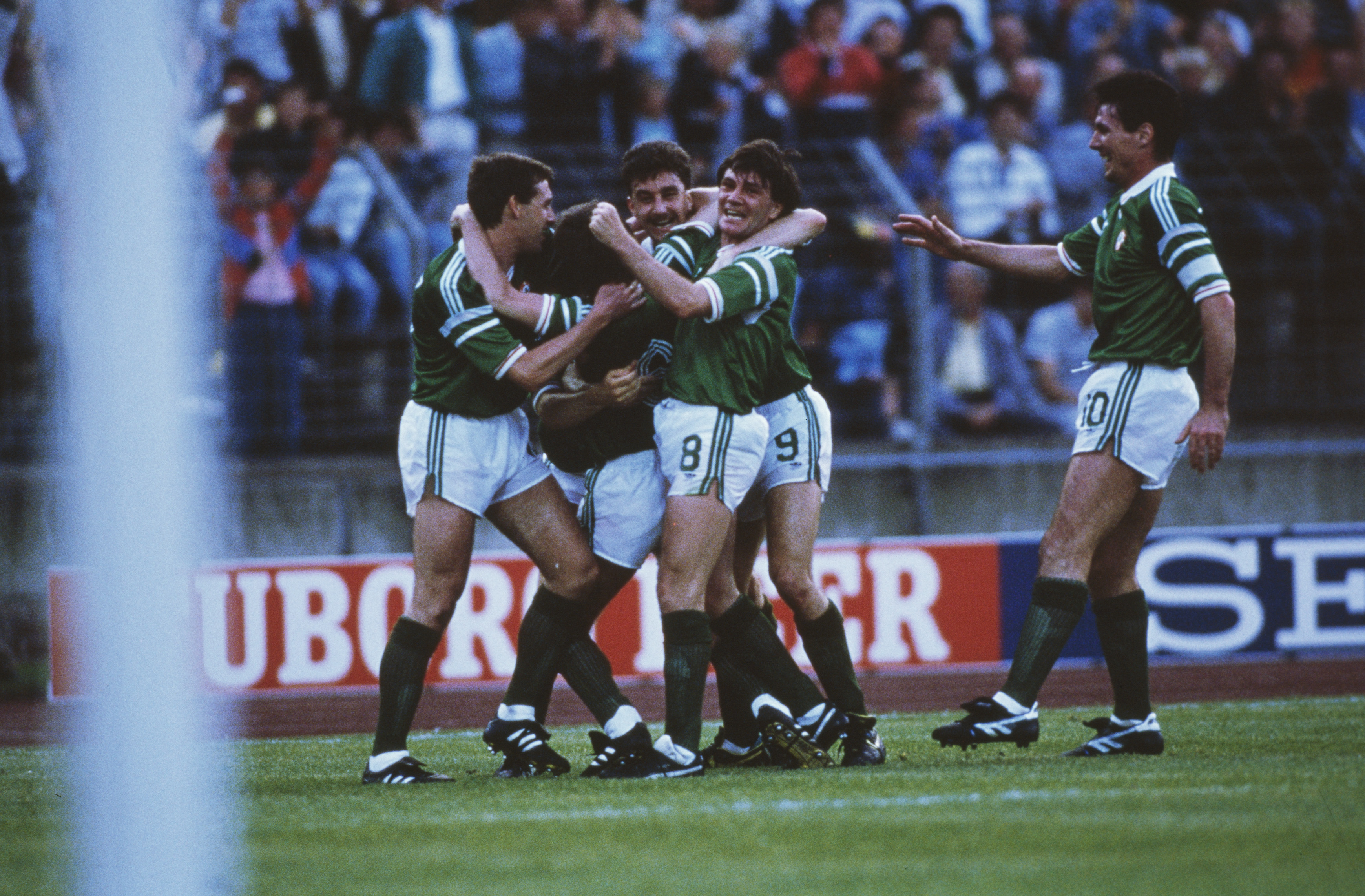 Republic of Ireland players celebrate Ronnie Whelan's goal against the Soviet Union at Euro 88.