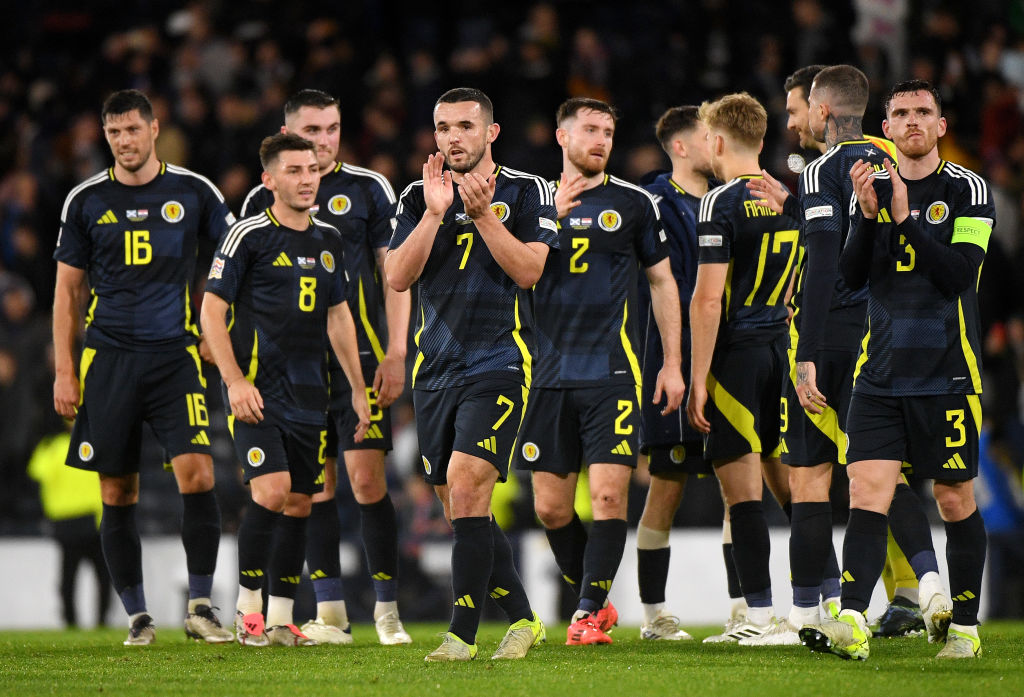 GLASGOW, SCOTLAND - NOVEMBER 15: John McGinn and Andy Robertson of Scotland applaud the fans after the UEFA Nations League 2024/25 League A Group A1 match between Scotland and Croatia at Hampden Park on November 15, 2024 in Glasgow, Scotland. (Photo by Euan Cherry/Getty Images)