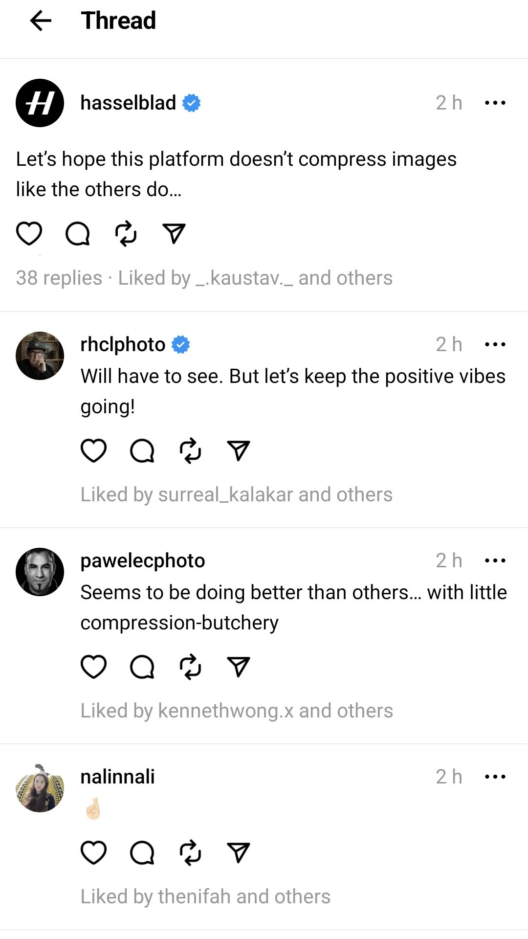 Threads app UI showing a Hasselblad Thread about image compression