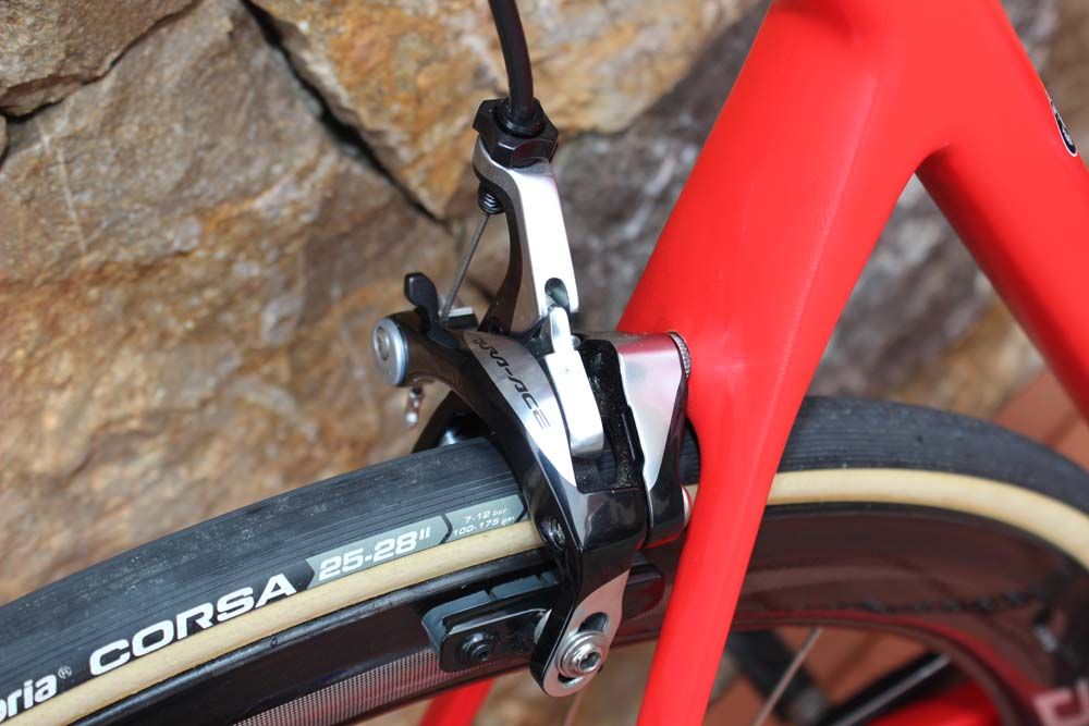 A detail of the chunky but efficient Shimano Dura-Ace rear break