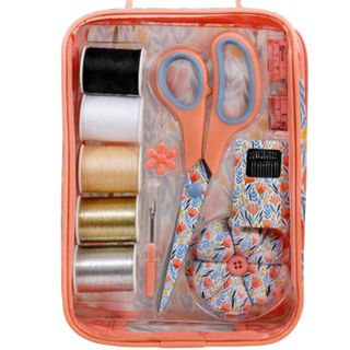 floral coral mini sewing kit in case with thread spools, scissors, pin cushion, needles, tape measure, unpicker