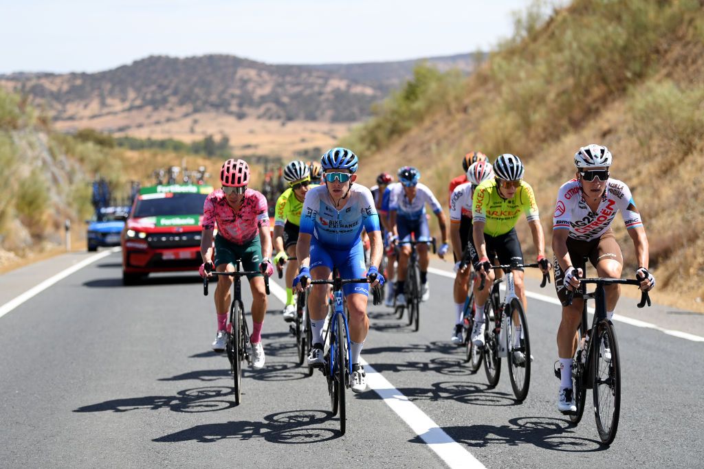 MONASTERIO DE TENTUDA SPAIN SEPTEMBER 07 LR Lawson Craddock of United States and Team BikeExchange Jayco and Bob Jungels of Luxembourg and AG2R Citren Team compete in the breakaway during the 77th Tour of Spain 2022 Stage 17 a 1624km stage from Aracena to Monasterio de Tentuda 1095m LaVuelta22 WorldTour on September 07 2022 in Monasterio de Tentuda Spain Photo by Justin SetterfieldGetty Images