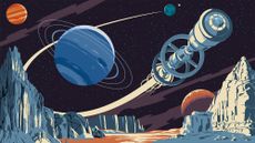 A cartoon showing a cylindrical spacecraft flying by planets.