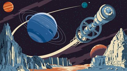 A cartoon showing a cylindrical spacecraft flying by planets.