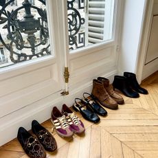 Natalie Cantell shares a line-up of her fall and winter footwear picks from Paris, including her soft Gucci loafers, T-bar patent leather slingbacks, brown suede flat loafer boots, round-toe kitten-heel black boots, and retro Adidas sneakers.