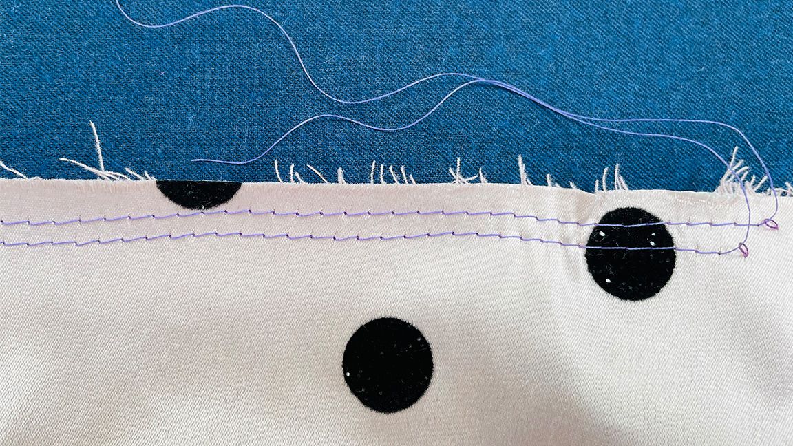 How to sew beginners; a close up of a dotted fabric and loose stitches