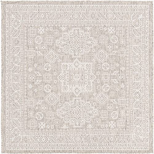 Rugs.com Outdoor Aztec Collection Rug – 5 Ft Square Light Gray Flatweave Rug Perfect for Living Rooms, Kitchens, Entryways