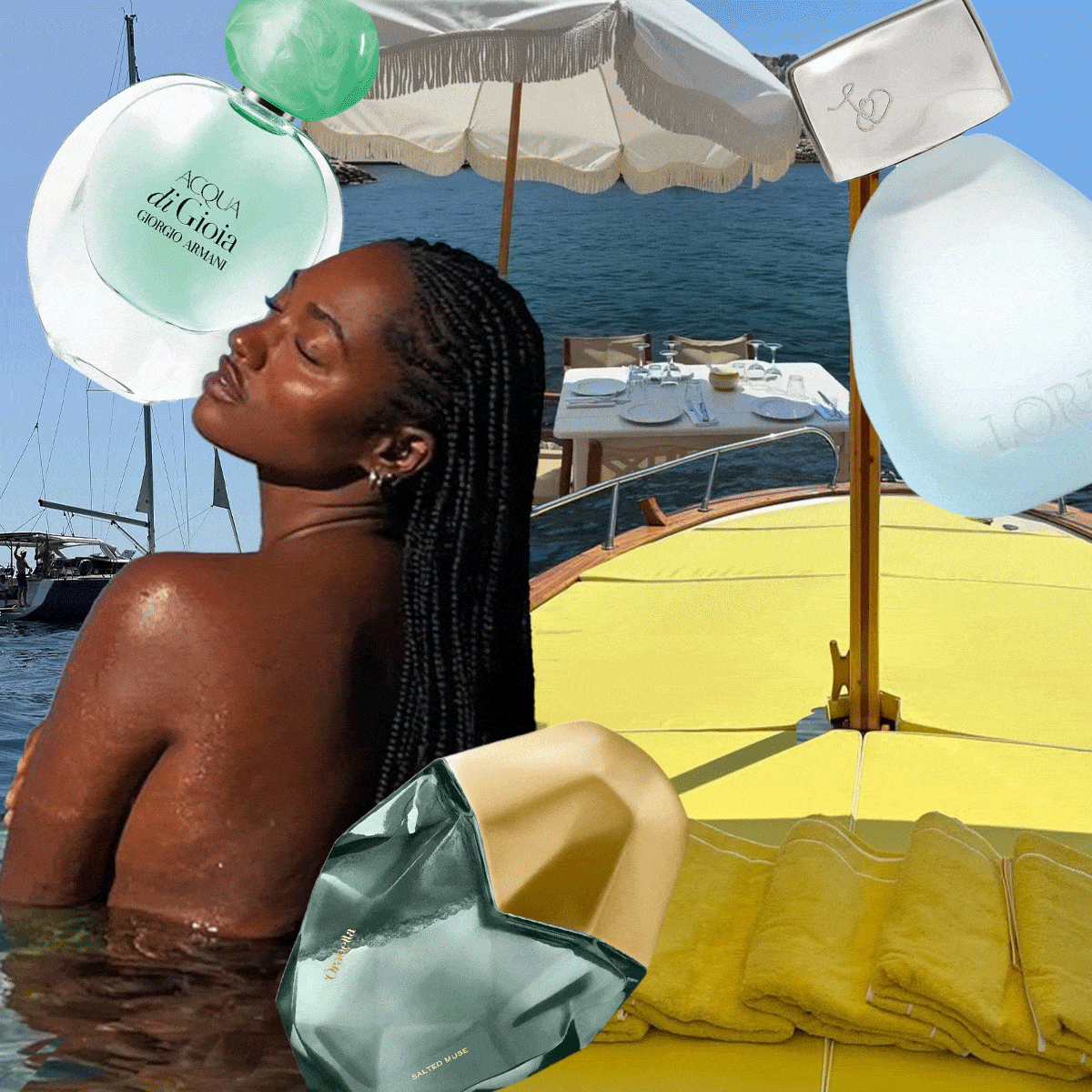 A collage of people at the beach, by the pool, on a boat, or in the ocean with swimsuits and perfumes overlaid.
