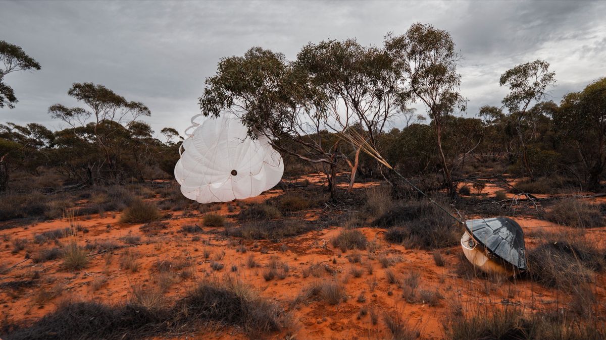 photo of a conical space capsule on the ground in a red-soil desert scrubland, with its white parachute caught in a low tree