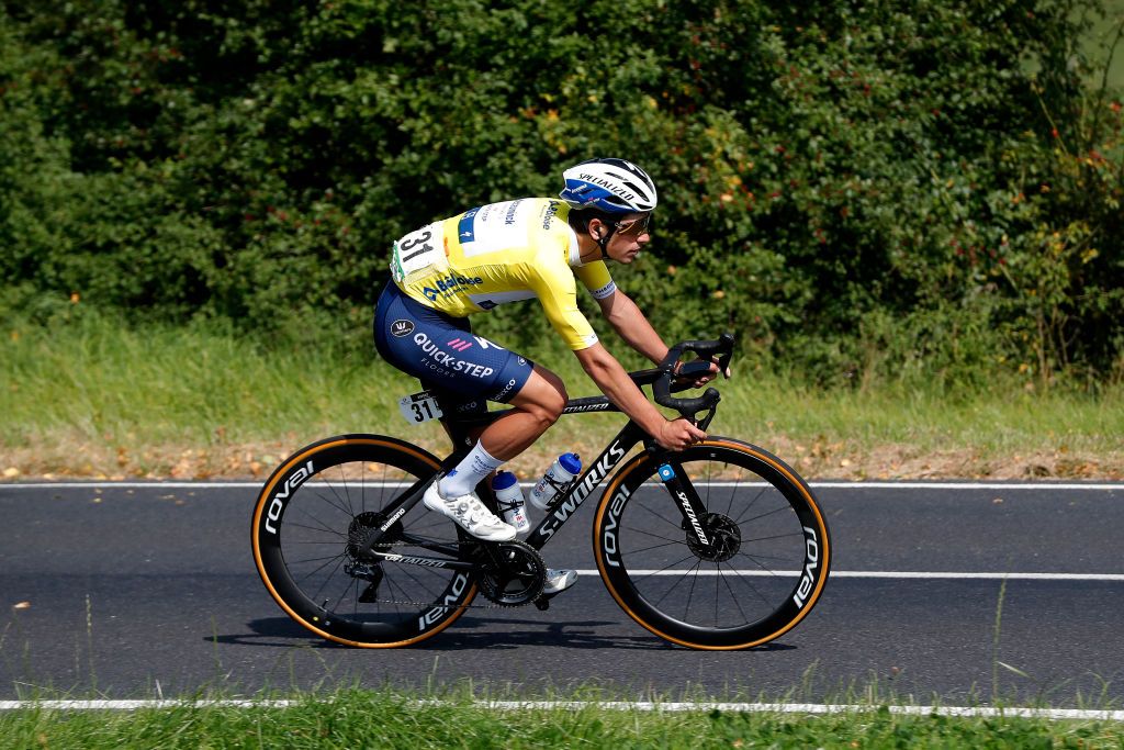 LUXEMBOURG LUXEMBOURG SEPTEMBER 18 Joo Almeida of Portugal and Team Deceuninck QuickStep yellow leader jersey competes during the 81st SkodaTour De Luxembourg 2021 Stage 5 a 1837km stage from Mersch to Luxembourg 323m skodatour skodatour on September 18 2021 in Luxembourg Luxembourg Photo by Bas CzerwinskiGetty Images