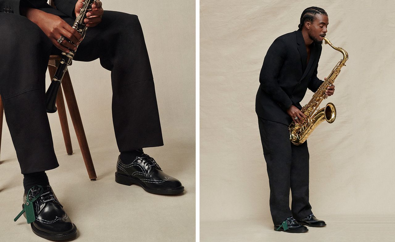 Man plays saxophone in black on right, on left, close up of Off-White C/O Church’s leather shoes with quotes on laces