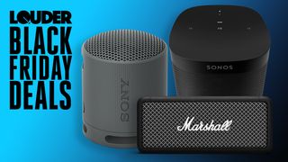 Sony, Marshall and Sonos speakers on a blue background