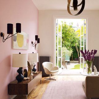 living room with pink wall