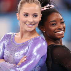 Mykayla Skinner and Simone Biles of Team United States pose for a photo during Women's Podium Training ahead of the Tokyo 2020 Olympic Games at Ariake Gymnastics Centre on July 22, 2021 in Tokyo, Japan.