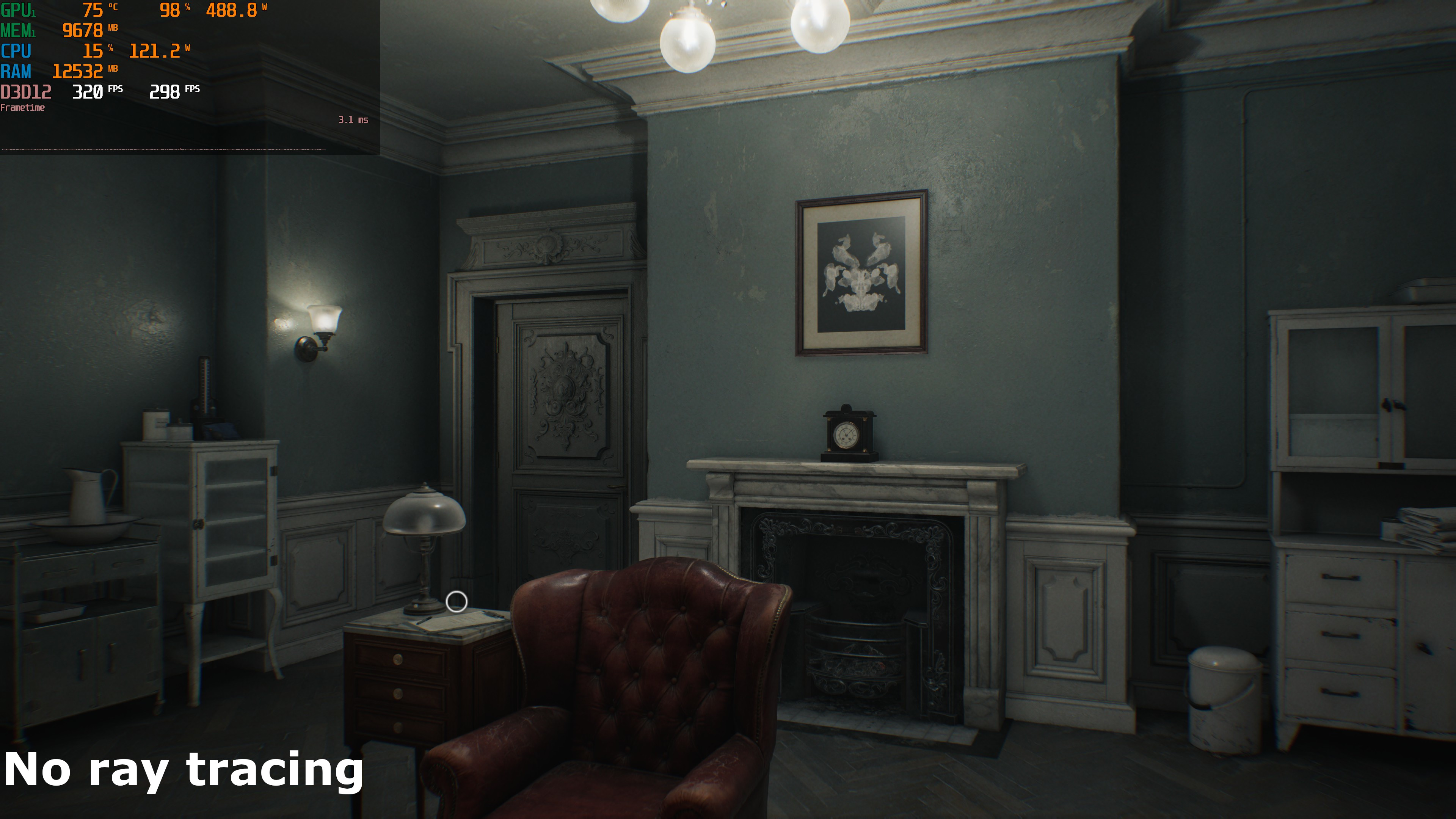 A screenshot of the PC version of Capcom's Resident Evil Requiem, showing the impact of the use of ray/path tracing on lighting and shadowing