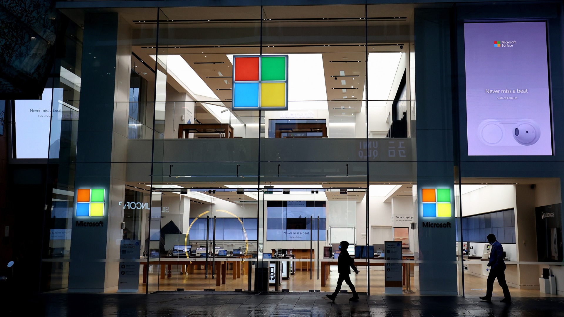 A closed Microsoft store at night in Sydney, Australia