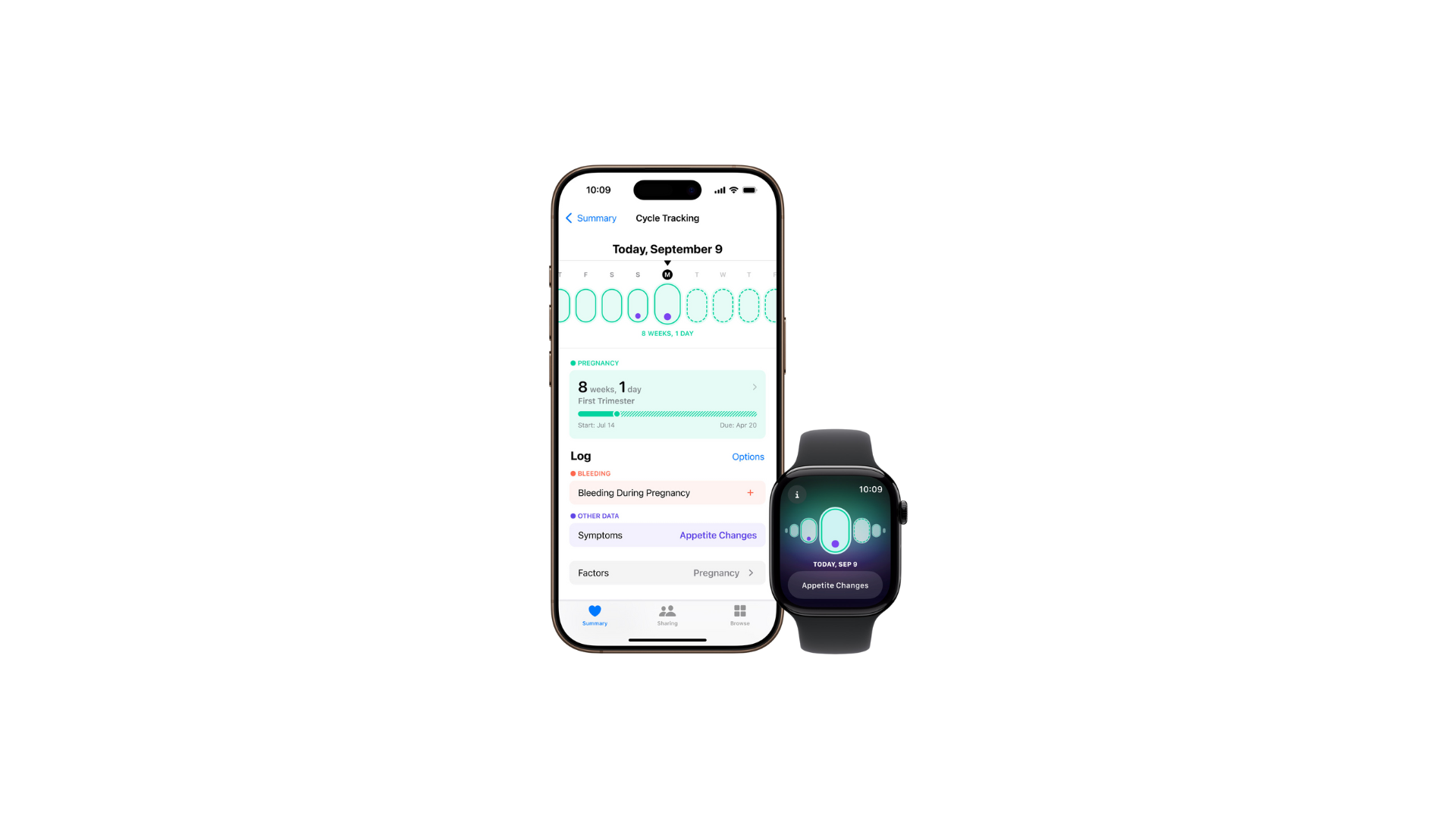 an image of an apple watch and iphone, both of which are open on the menstrual cycle tracking part of the health app