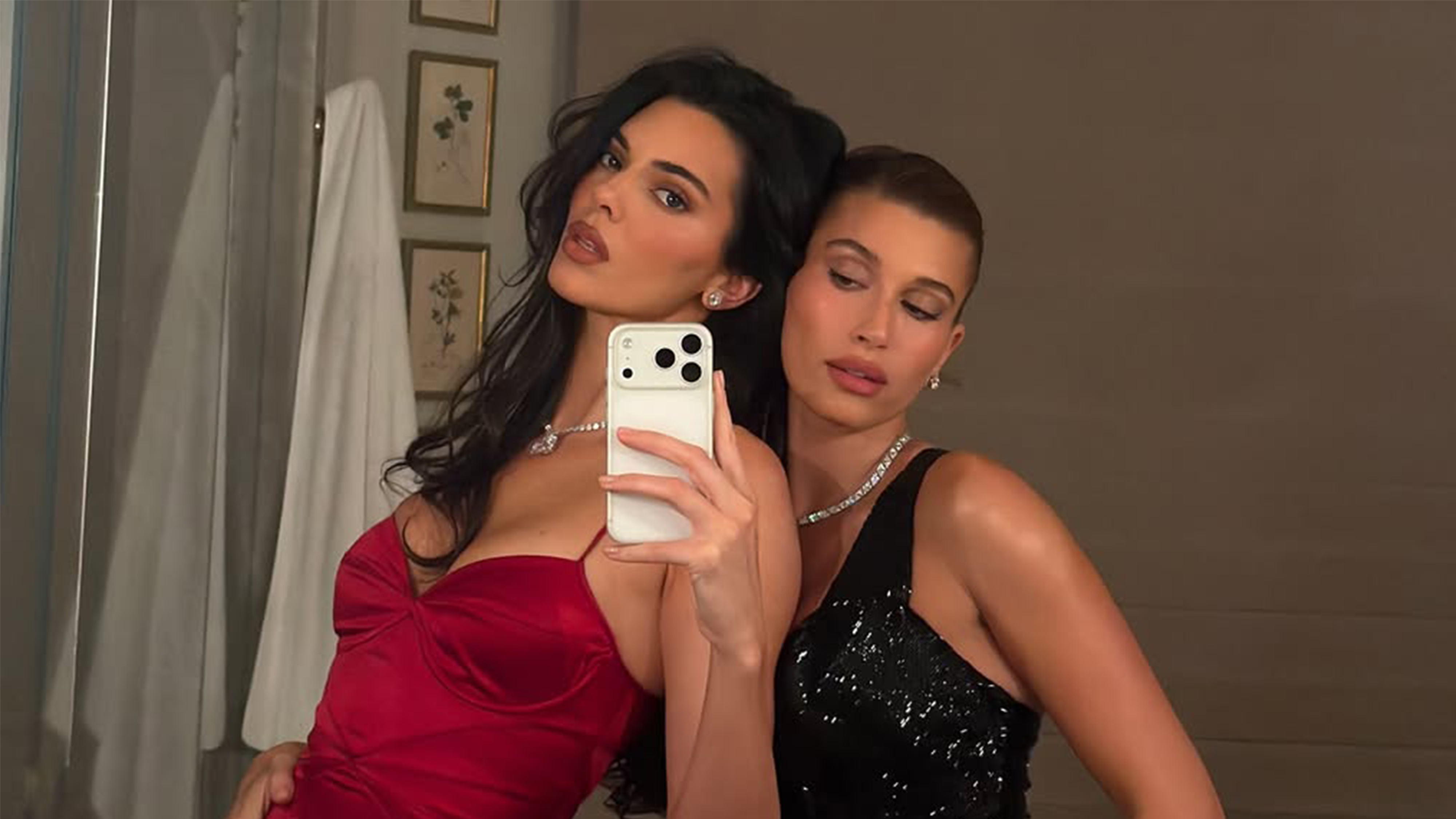 Kendall Jenner and Hailey Bieber wearing diamond stud earrings