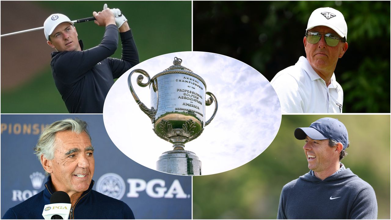 A picture of Jordan Spieth, Phil Mickelson, Seth Waugh, Rory McIlroy and the PGA Championship trophy