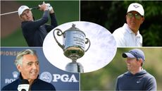 A picture of Jordan Spieth, Phil Mickelson, Seth Waugh, Rory McIlroy and the PGA Championship trophy