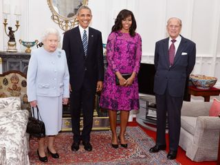 Queen Elizabeth II (L) and Prince Philip, Duke of Edinburgh (R) stand with US President Barack Obama and First Lady of the United States, Michelle Obama in the Oak Room at Windsor Castle ahead of a private lunch hosted by the Queen on April 22, 2016 in Windsor, England
