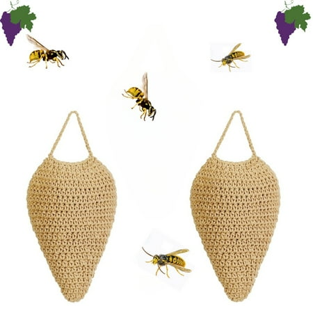 Trianu 2 Pack Crochet Wasp Nest Decoys, Hanging Faux Wasp Nest Deterrent for Outdoor, Hornets Nest Decoy Decoration for Patio and Eaves, Light Brown