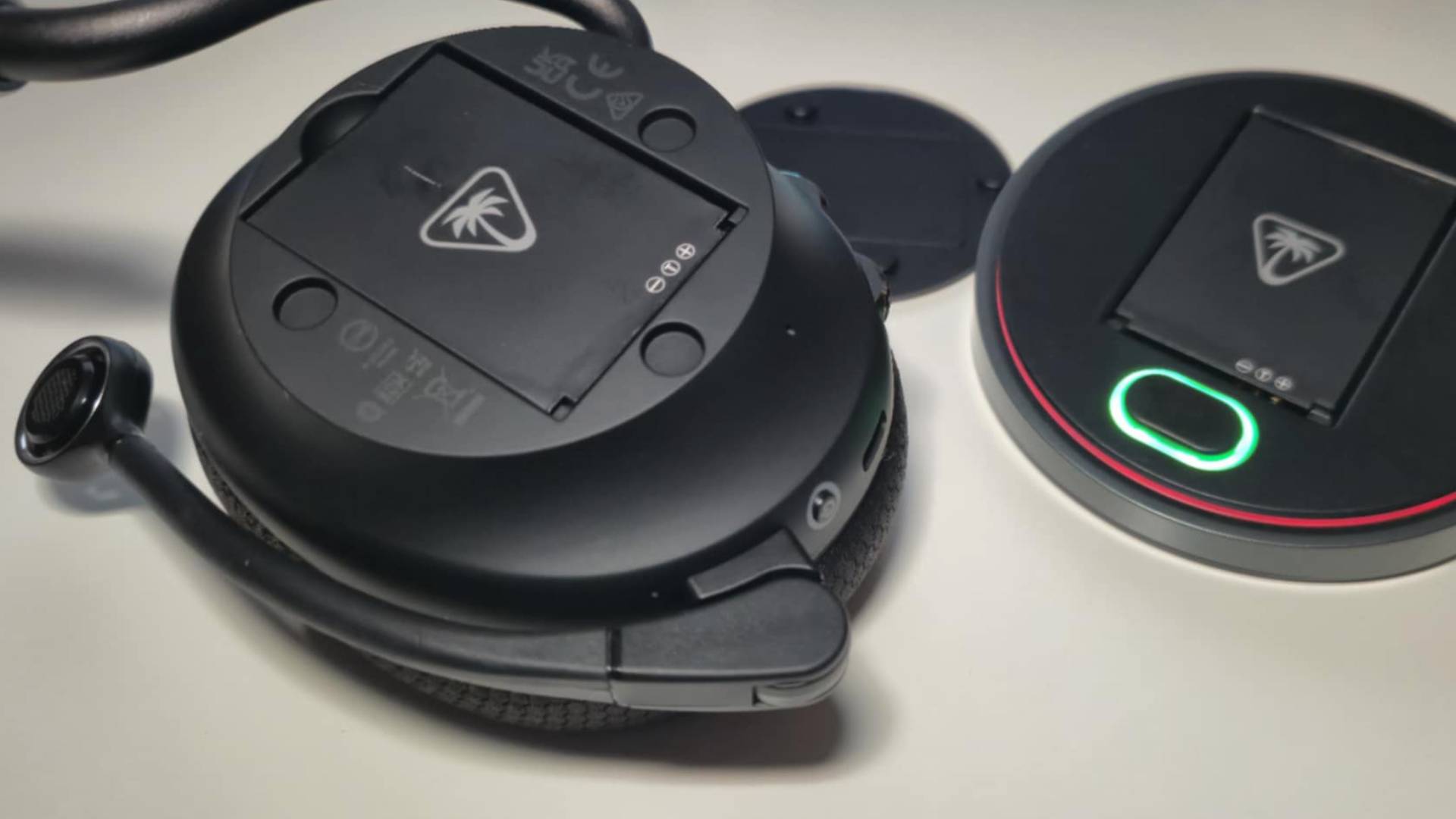 Close up of a battery pack inside the earcup of the Turtle Beach Stealth Pro II wireless headset.